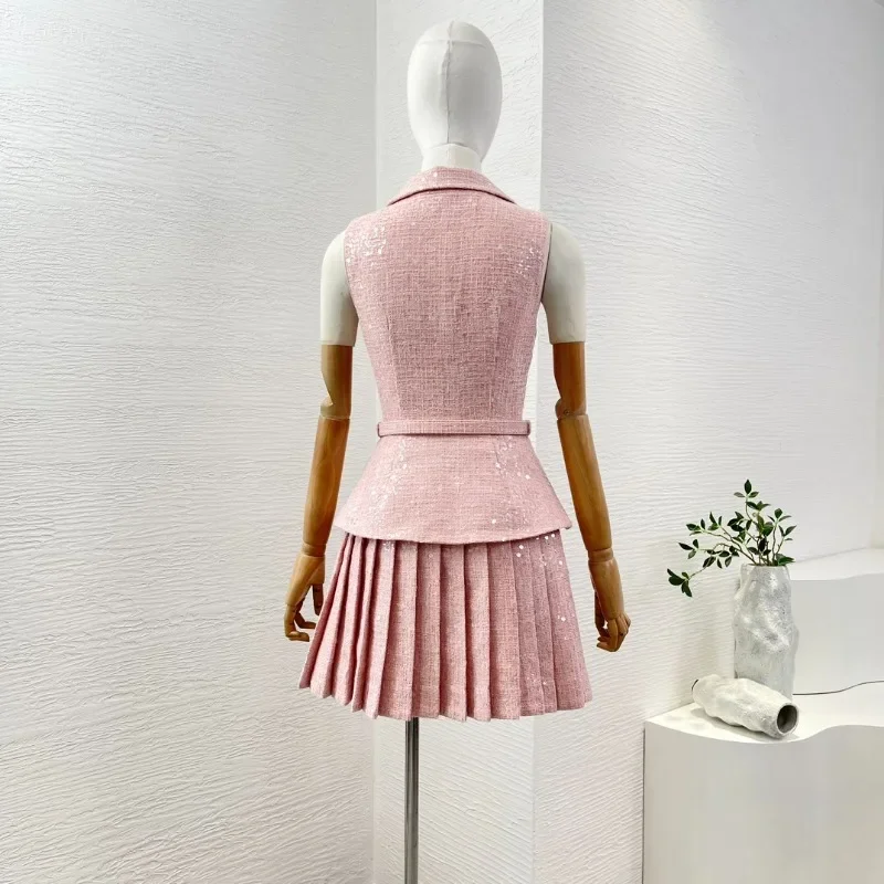 Women\'s Mini Dress Pink Sleeveless Tweed Turn Down Collar Pleat Elegant Ladies New High Quality 2024