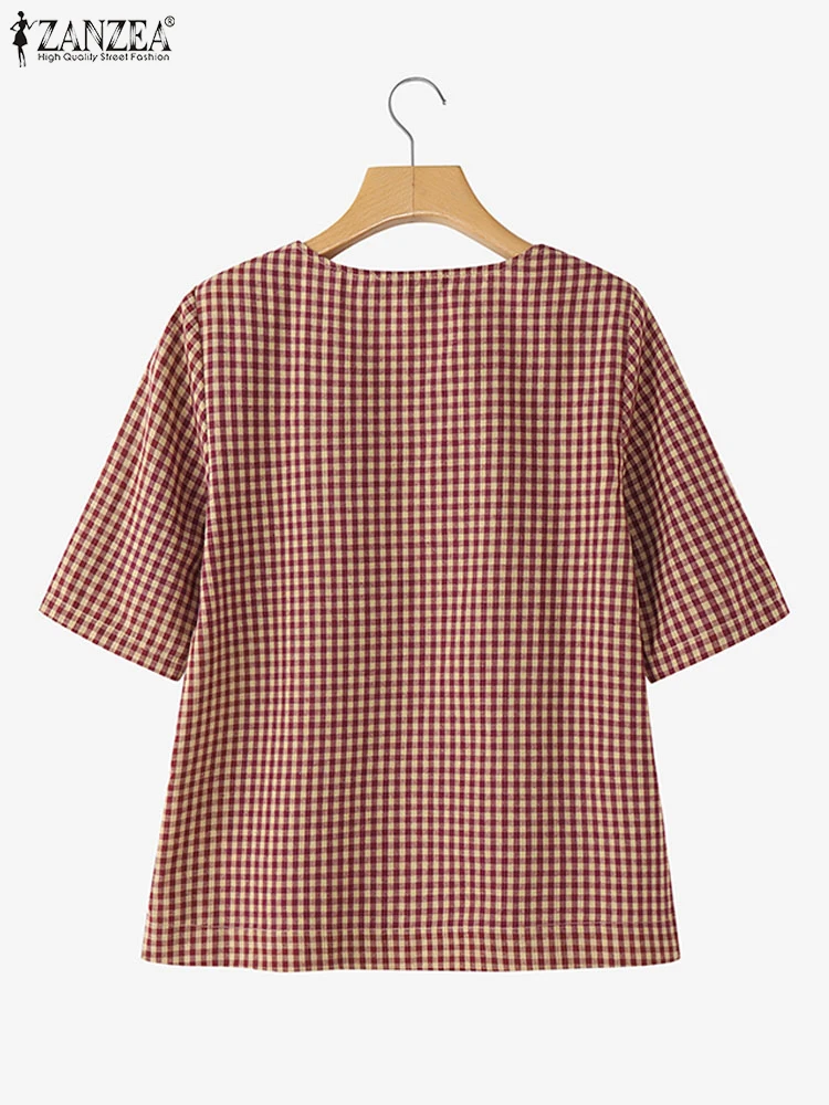 เสื้อผู้หญิงลายตารางหมากรุก ระบายอากาศได้ดี สำหรับฤดูใบไม้ผลิและฤดูร้อน คอทรงโอ แขนสั้น สไตล์ลำลอง แบรนด์ ZANZEA เหมาะสำหรับใส่ในชีวิตประจำวัน ไซส์ S-3XL
