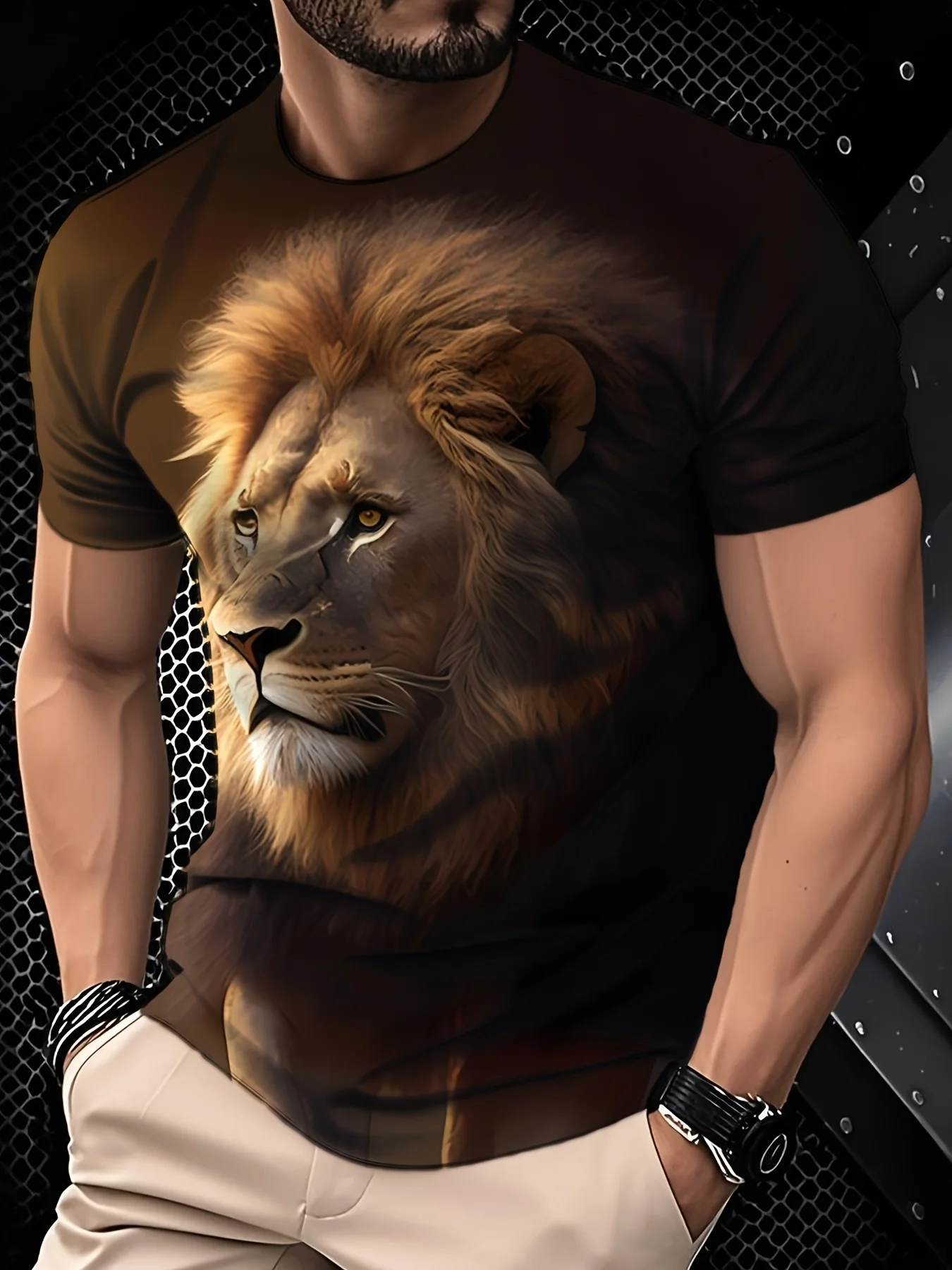Herren-T-Shirt mit realistischem Löwengesicht-Print in dunklen Tönen, schwarz, Wildtier-Dschungel-Motiv, Rundhalsausschnitt, Kurzarm – Detail 1