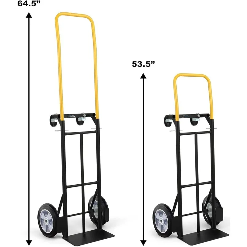 800 lb capacity 2-in-1 convertible cart and hand truck with 10-inch explosion-proof rubber wheels, black with yellow handles.