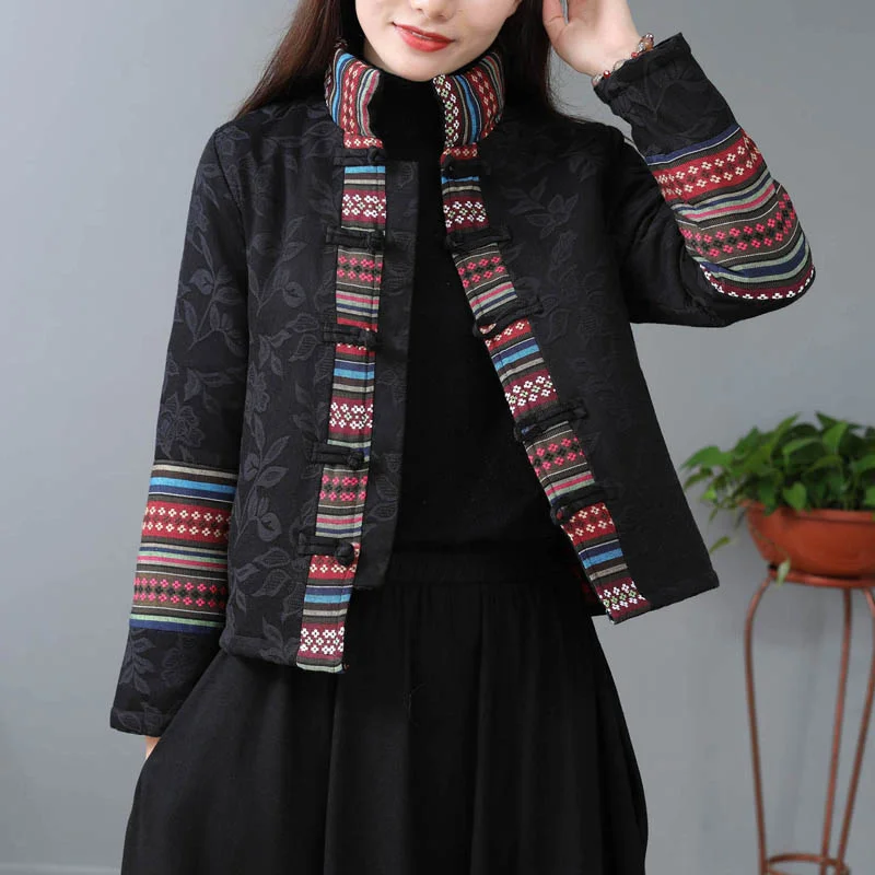 Traditional Tang Suit Stand Collar Autumn Winter Ethnic Style Women's Cotton Linen Coat Clothes Long Sleeve Padded Jacket Female