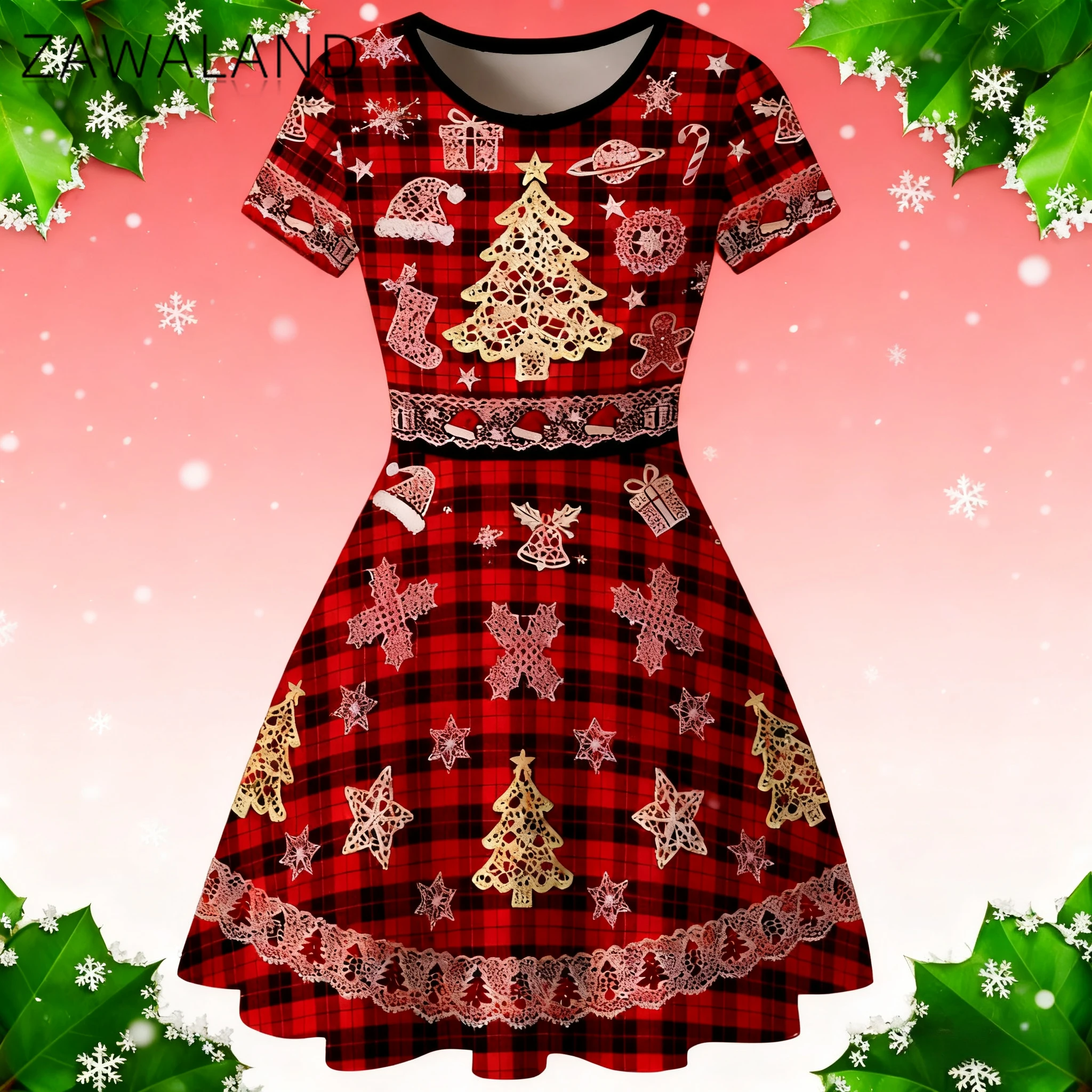

Black Red Plaid Cosplay Dress Christmas Tree Lace Printing Dress Woman Xmas Party Performance Costume Carnival Festival Outfits