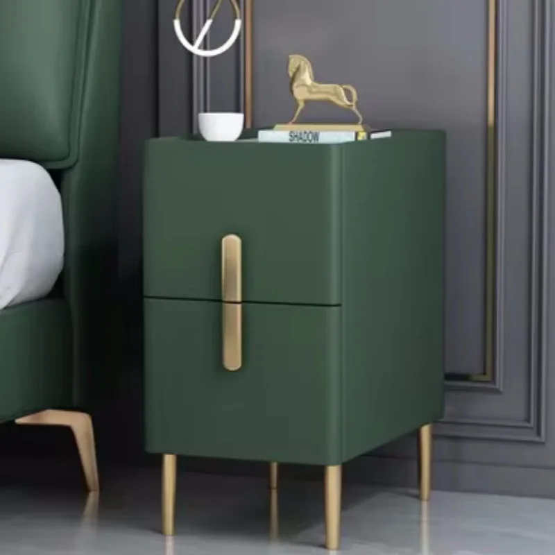 Solid Color Wooden 2 Drawer Narrow Bedside Table Nordic Style Faux Leather Bedroom Nightstands with Sintered Stone Top