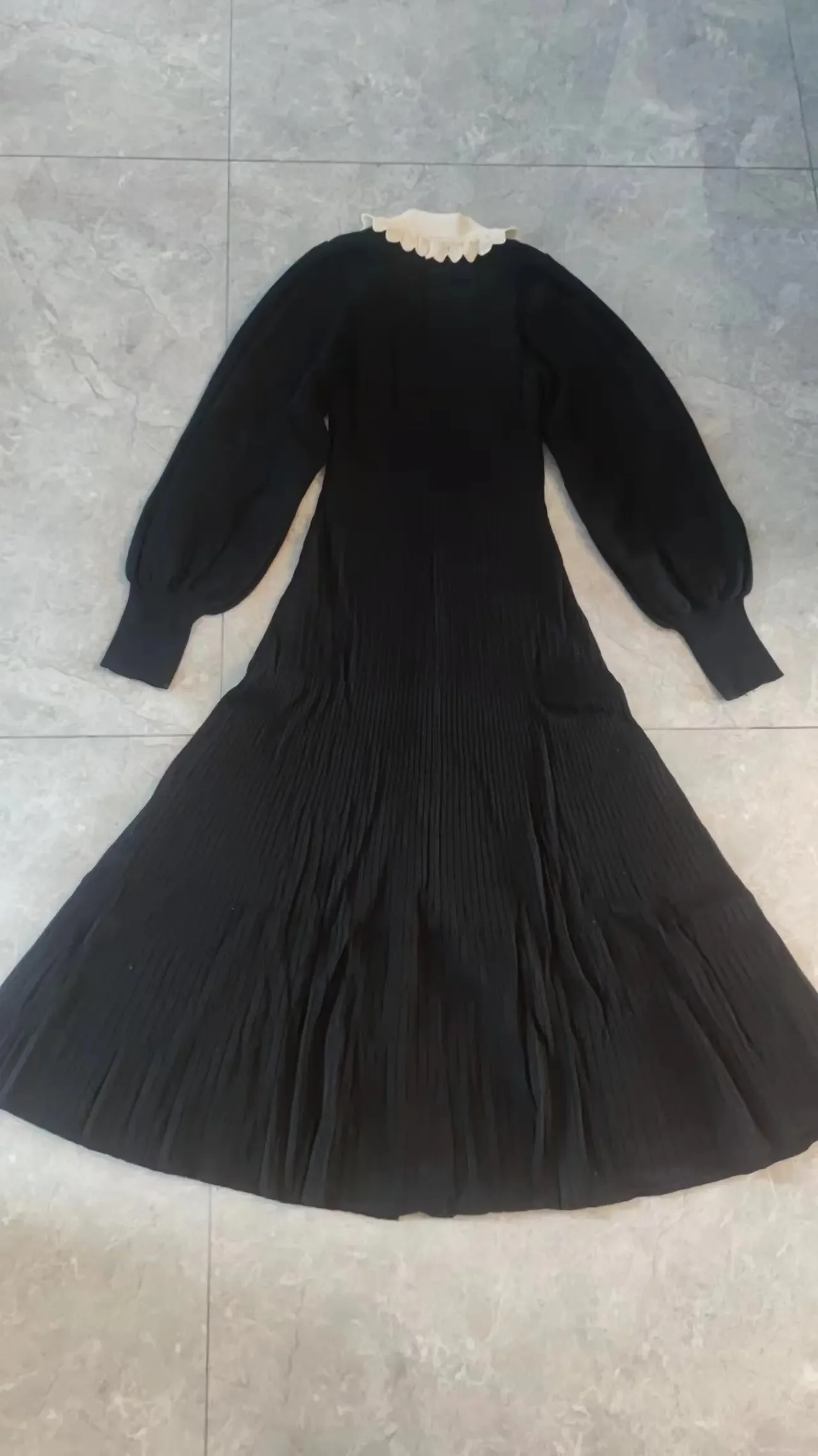 Vestidos de punto negros elegantes para mujer, vestido de fiesta elástico de una sola botonadura, manga farol con solapa, a la moda, otoño, 2024