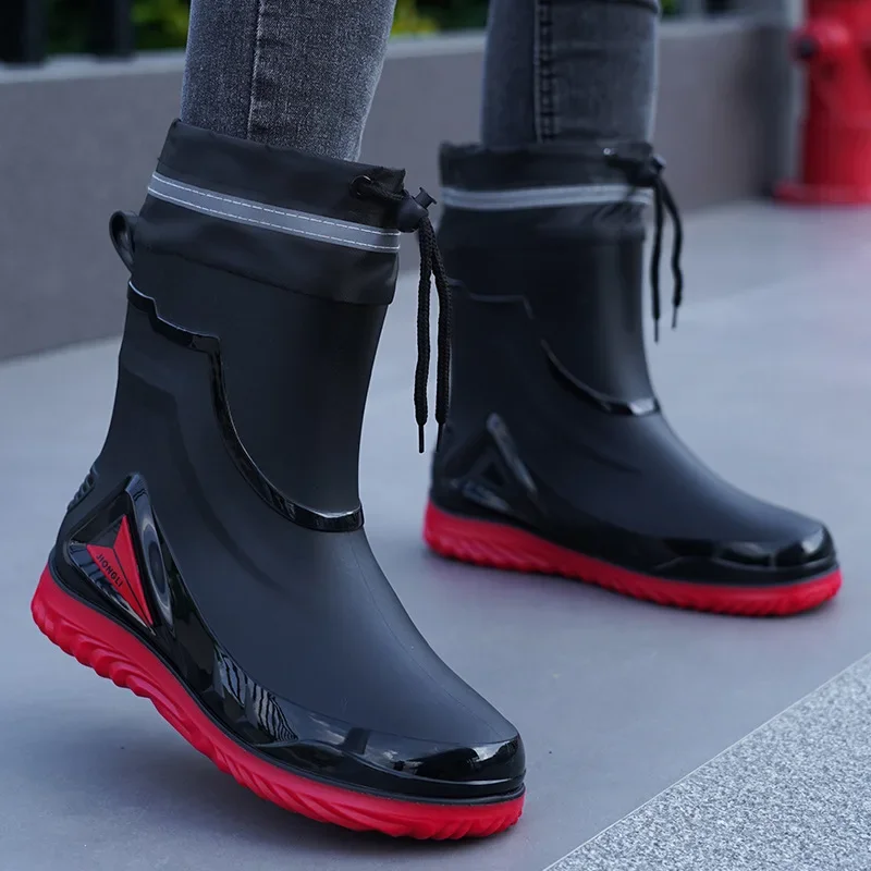 Waterproof Men's Rain Shoes Outdoor Non-slip Work Shoes Fleece Lined Cotton Warm Rain Boots Kitchen Footwear Male