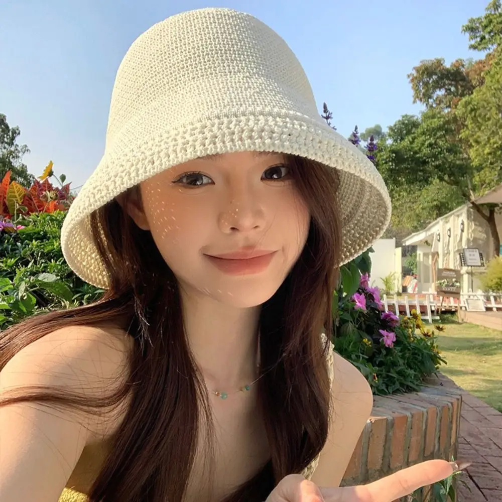 

Summer Sun Protection Women Bucket Hat Wide Brim Solid Color Fisherman Cap Breathable Folding Panama Cap