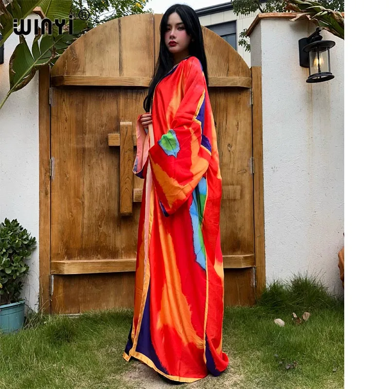 Summer 2024 WINYI kimono Africa maxi dress beach wear cover-up elegant Cardigan beach outfits for women Tie-dye print sexy coat