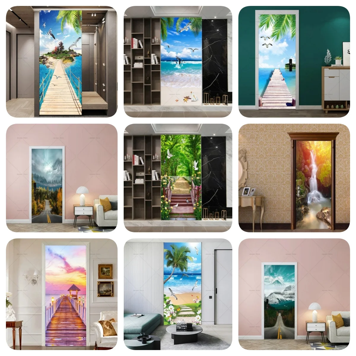 Scenery Door Stickers Waterproof Self Adhesive Nature Landscape Wall Art Decor Door Stickers PVC