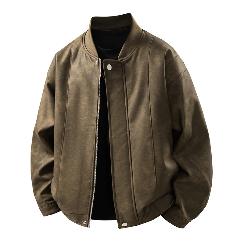 

Мужская куртка из искусственной кожи, осенне-зимняя, модная, однотонная, с воротником-стойкой, мотоциклетная, для зрелых мужчин, повседневная