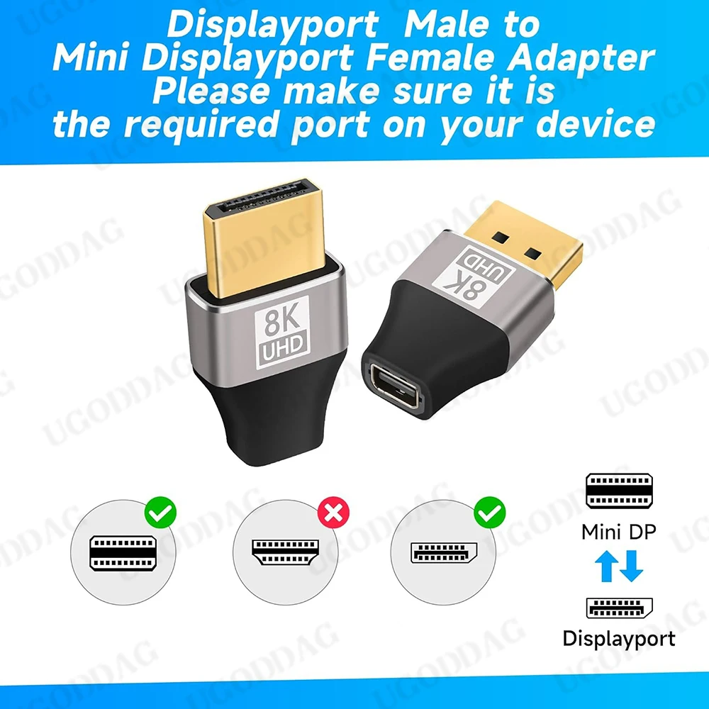 Mini DisplayPort to DisplayPort Adapter 8K60Hz DP2.1 Female to MiniDP Male Bi-Directional Connector for Laptop PC Gaming Monitor