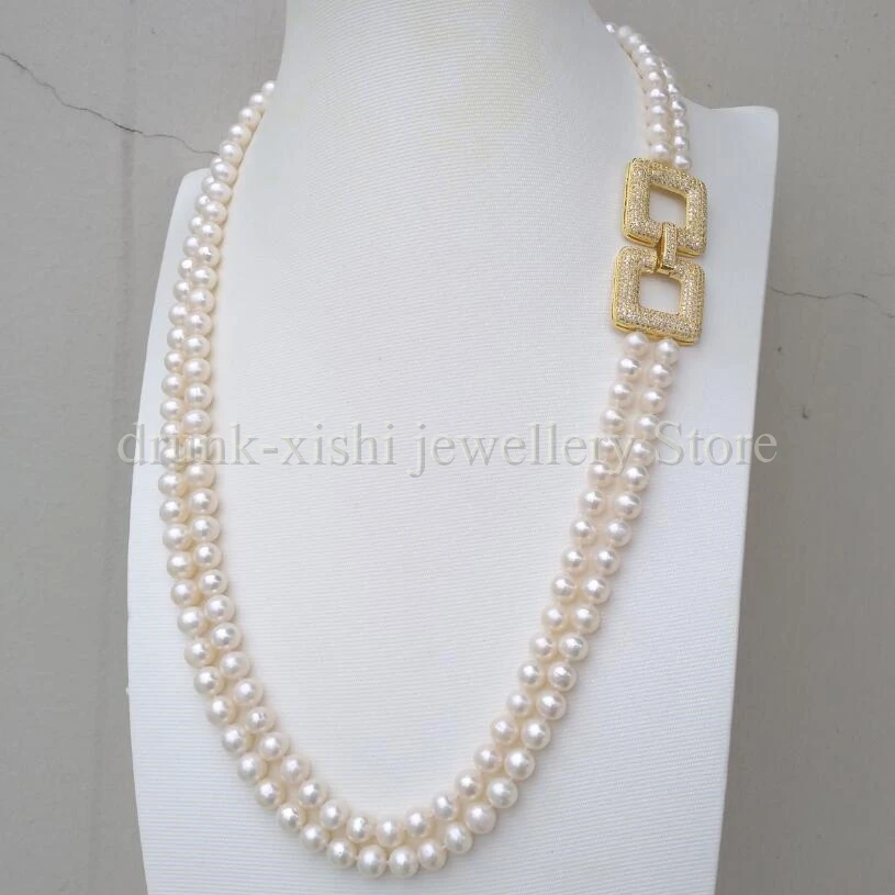 

2 Strand AAAA 7-8mm High Quality Japanese Akoya White Real Natural Pearl Necklace 24in 25in Double Square Clasp Free Shipping