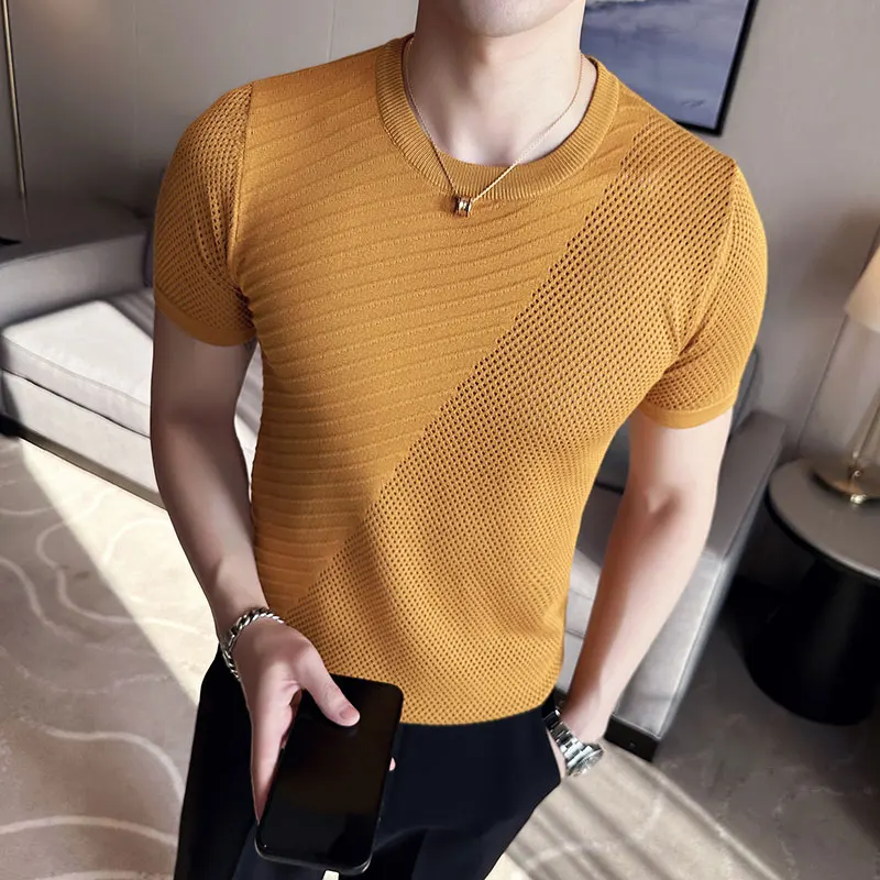 High Quality Knitted T-shirt for Men Ice Silk Hollow-out T Shirt Men Short Sleeve Slim Round Neck Casual Tee Tops 2023 Summer