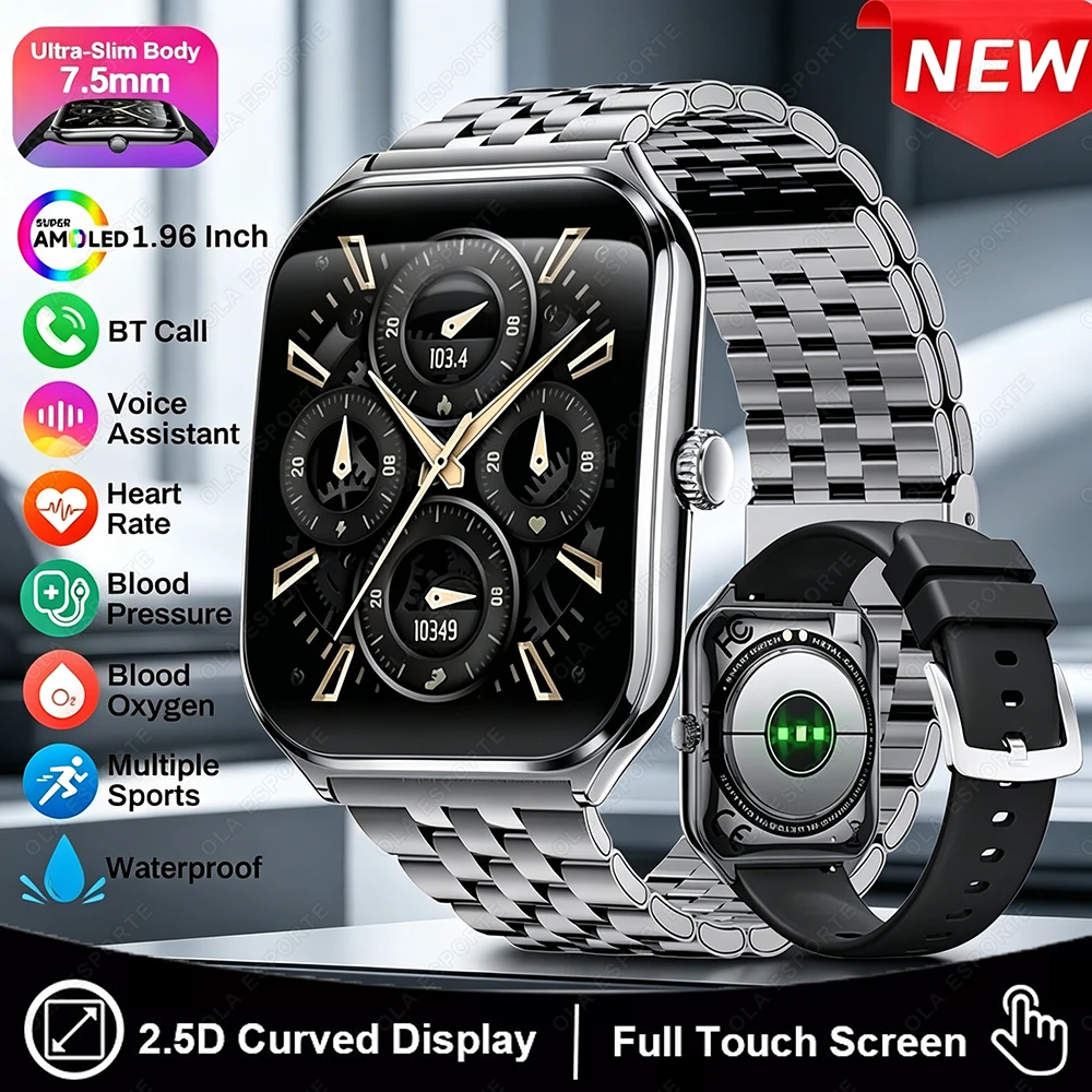 Neue Ultra-Dünne Smartwatch für Herren 1,96'' AMOLED Gebogenes Display Zeitanzeige Anruf-Erinnerung Sport-Fitness-Tracker Smartwatch für Damen HW12