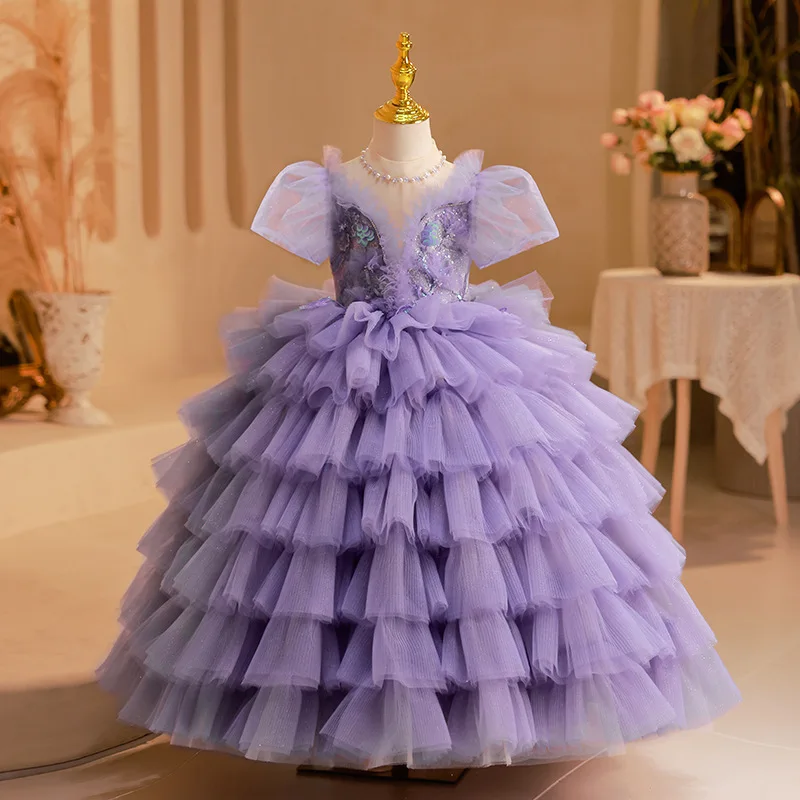 

Purple Flower Girl Dresses Wedding Layered Sheer Neck Princess First Holy Communion Dress Bead Pageant Christmas Ball Gown