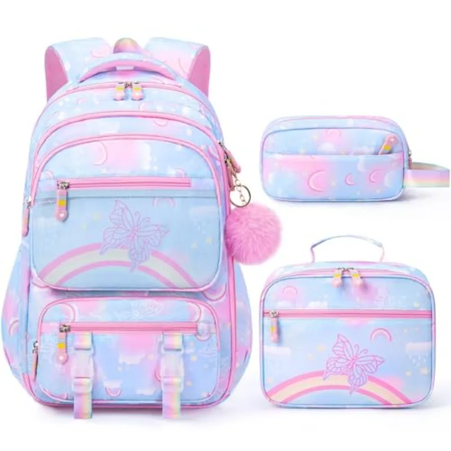 

Backpack for Girls 3PCS Rainbow and Butterflies Teen Girls Backpack with Lunch Box and Pencil Case Cute Bookbag School Bag for