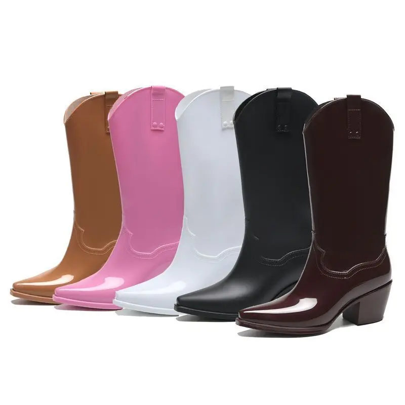 FHC резиновые сапоги на массивном высоком каблуке, женские непромокаемые сапоги до середины икры, кухонная рабочая обувь, ковбойские ботильоны, черный, шовковый, красный, Прямая поставка