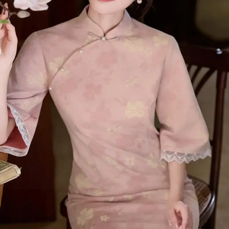 

Розовое платье Ципао с цветочным принтом, улучшенное новое платье в китайском стиле, винтажное платье с воротником-стойкой Hanfu, повседневное вечернее банкетное платье