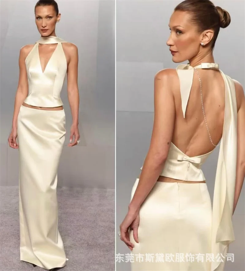 

Beige Satin Prom Dress With Scarf Sexy Sleeveless Backless 2 Pcs Skirt Set Party Gown Formal Wedding Guest Birthday Evening Robe