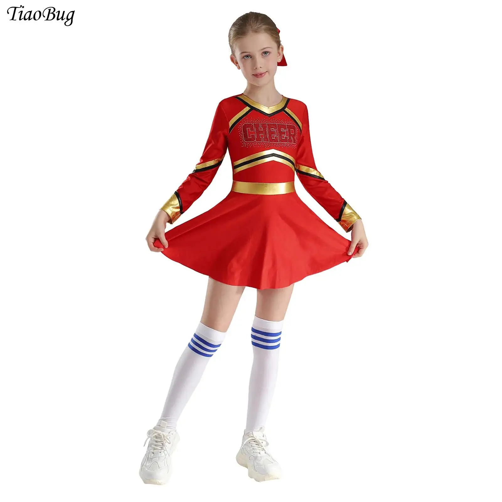 Kids Girls Cheerleading Dance Uniform Shiny Rhinestones Contrast Color Long Sleeve Dress+Bowknot Hair Band+Flower Balls+Socks