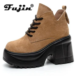 Fujin 10cm Suede Microfiber Roman Spring Knee High Boots Ladies Hight Top Autumn Women Synthetic Leather Platform Wedge Shoes