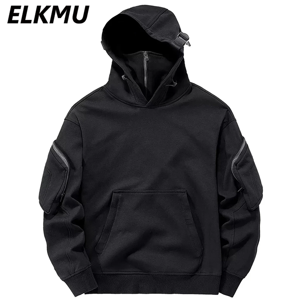 

Streetwear Hoodies Harajuku Y2K Hip Hop Sweatshirts High Neck Mask Windproof Pullovers Dark Black Techwear Cargo Tops