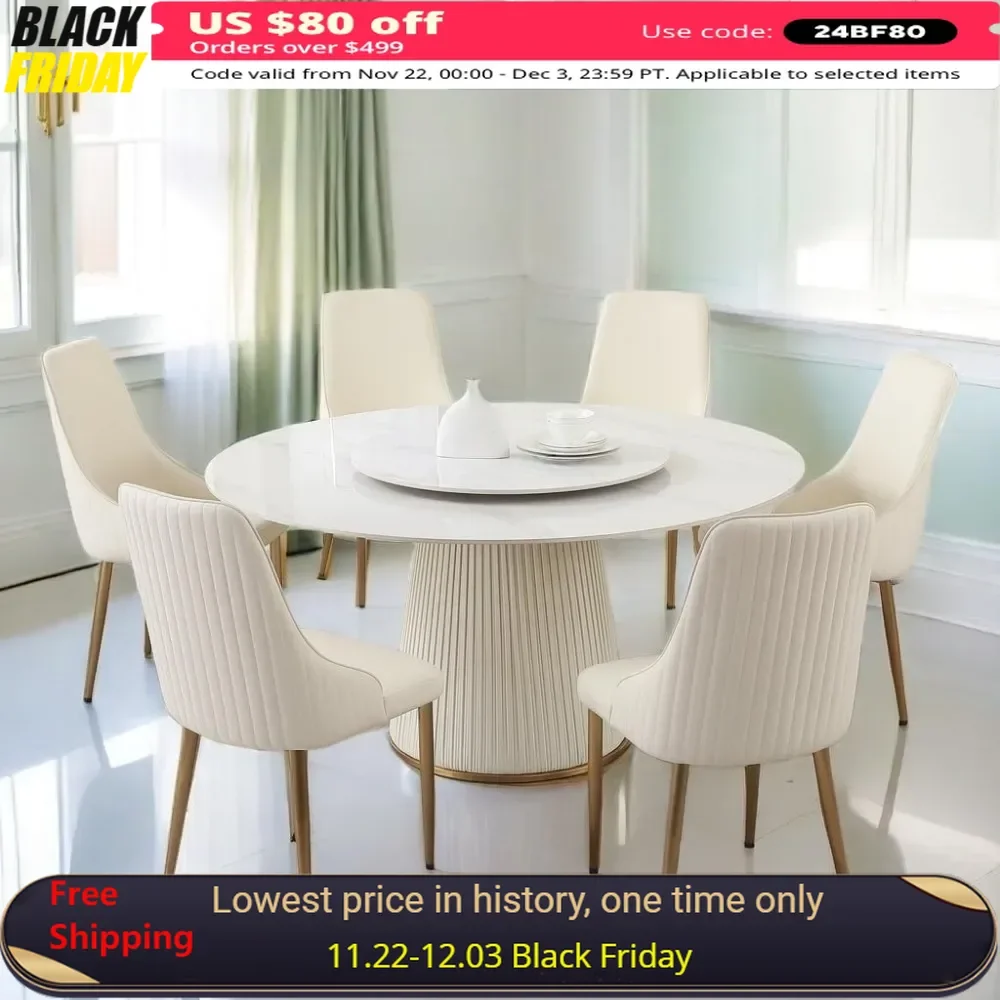 

7 Piece Dining Table Set, 59" Marble Round Dining Table with Lazy Susan, 6 Cream White Dining Chairs, Table Set of 6