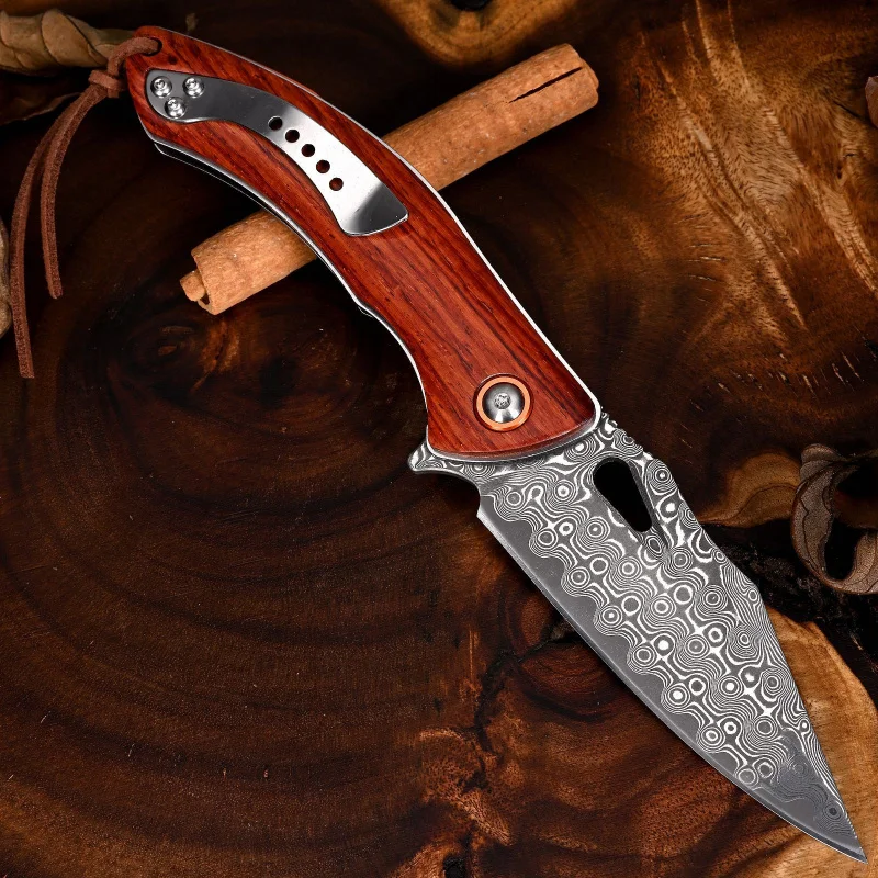 Outdoor portable folding knife Damascus steel sandalwood high hardness and sharp collection to play with exquisite craft knives