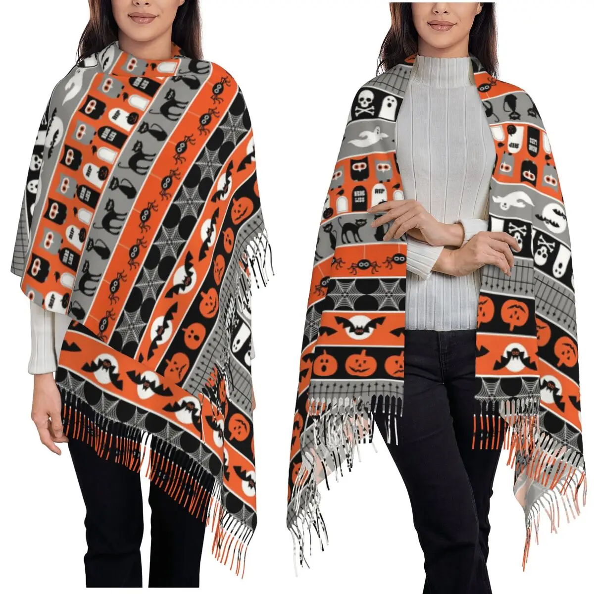 Halloween Black Cat Spider Gothic Witch Scarf Tassel Scarves Women Soft Warm Shawls and Wraps Long Fall Winter Shawl Wrap