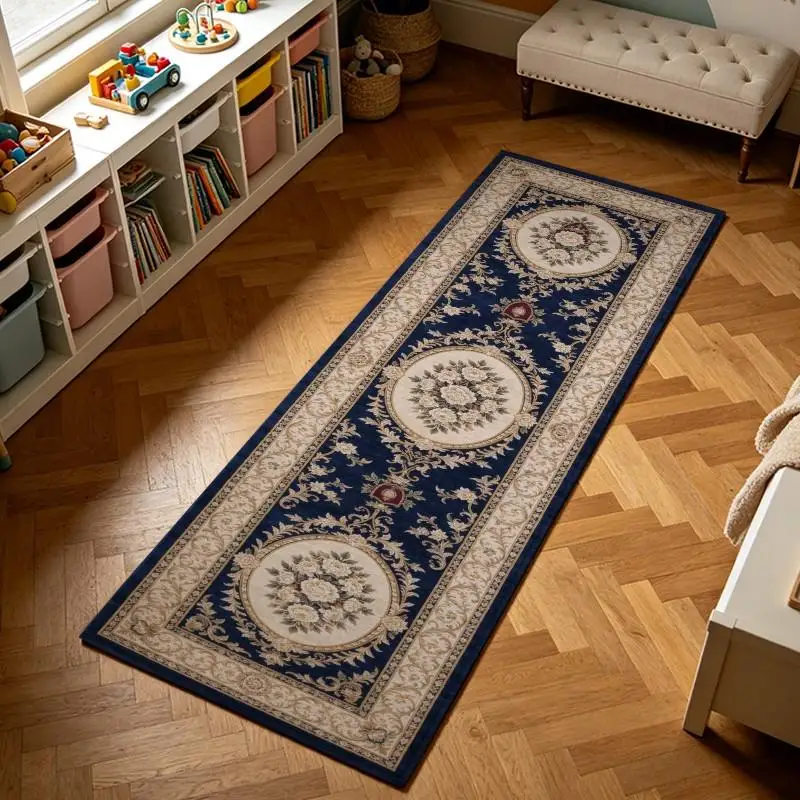 French Retro Navy Blue Runner Rug Traditional European Floral Pattern Washable Long Corridor Rug Hallway Entryway Kitchen Floor Mat