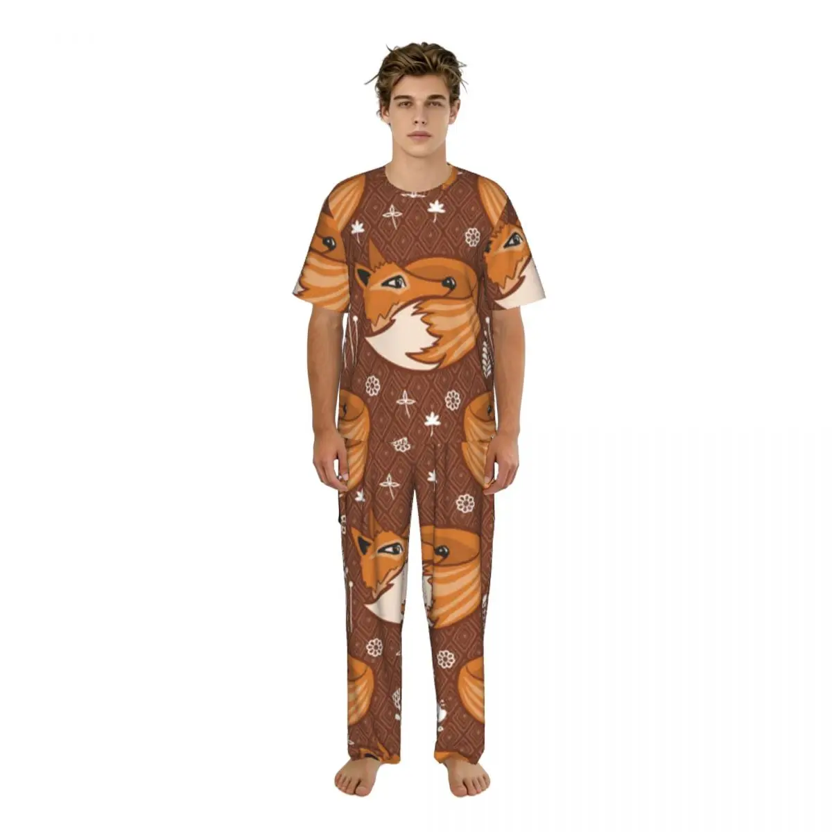 

Men's Pajamas Set Summer Short-Sleeve Tops + Long Pants Nightwear Home Wear Suits Scandinavian Fox Sleepwear