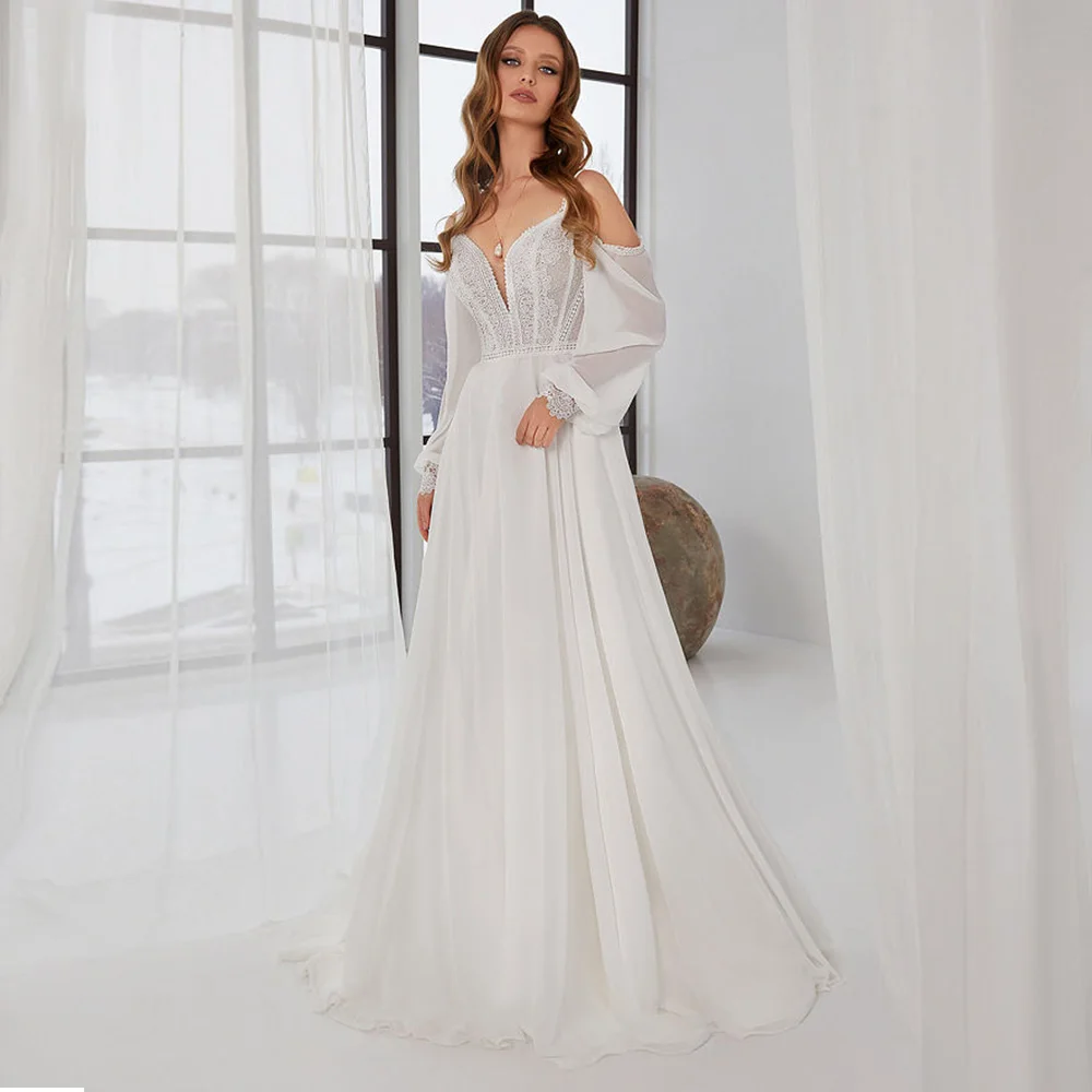 Weilinsha vestido de casamento fora do ombro clássico chiffon rendas sem costas mangas compridas vestidos de noiva wtih tribunal trem robe de mariée