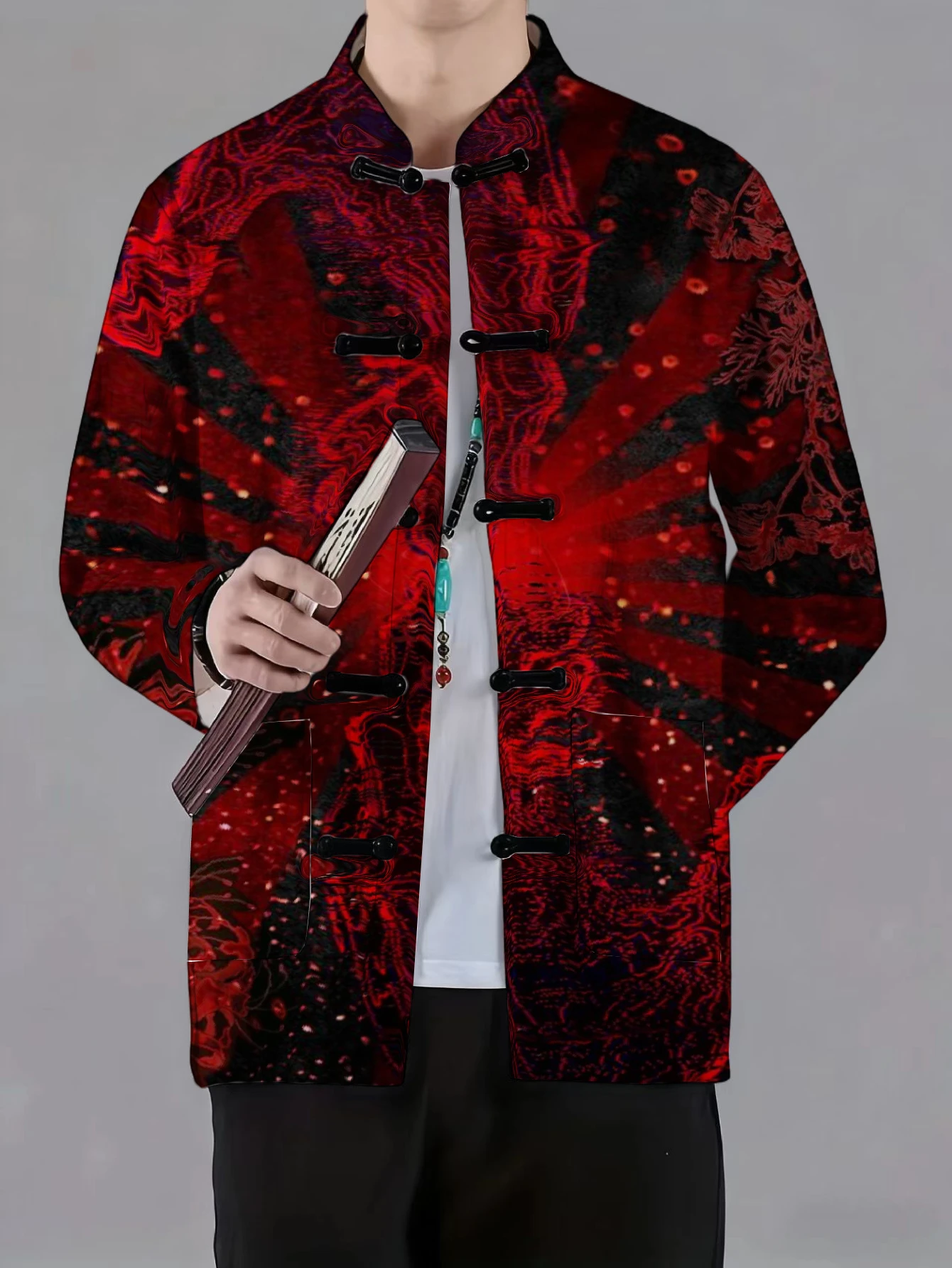 Men Mandarin Collar Frog Button Jacket Gradient Splatter Floral Vintage Texture Print Traditional Outerwear