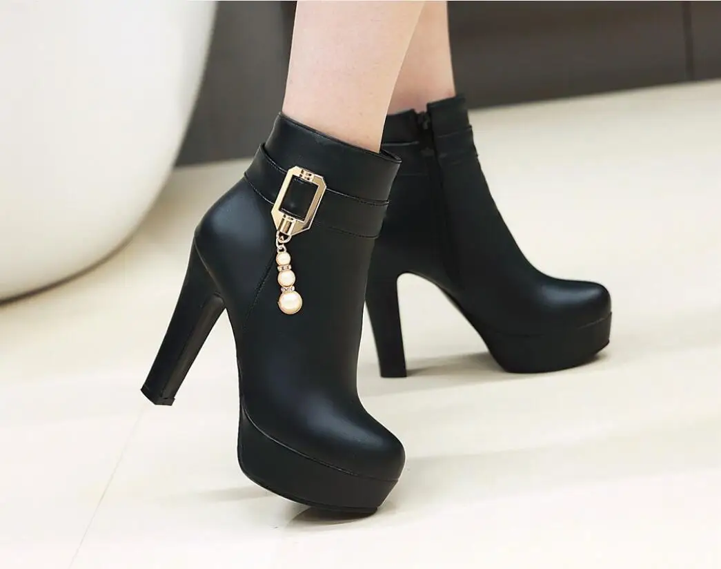 Fashion Spring Autumn Boots Women Ankle Winter Shoes Women Square Heel Leather Boots Women eaded chain belt buckle ankle boots