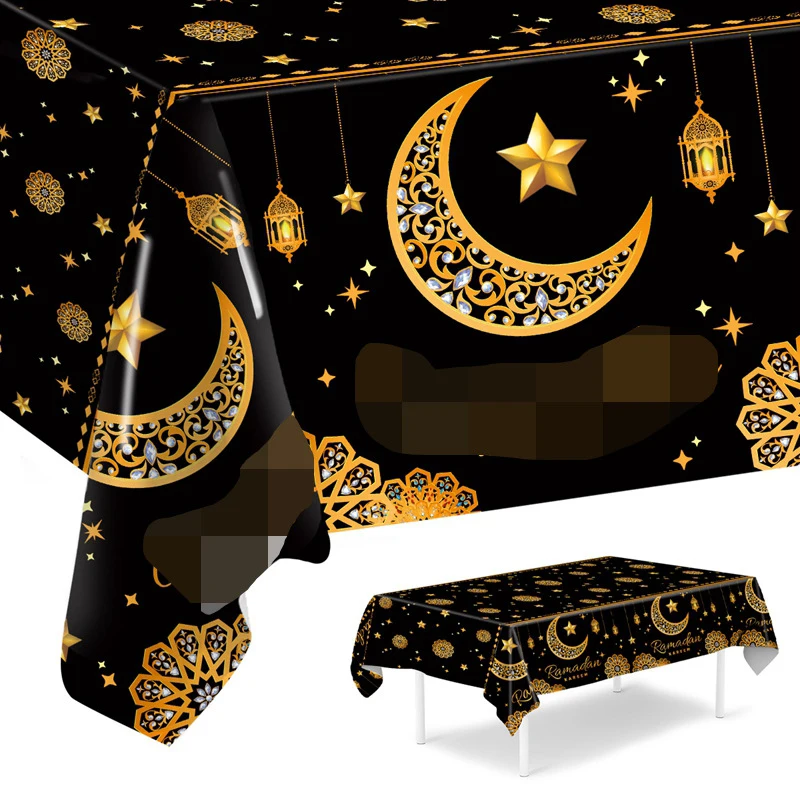 Moon Festival Black Gold Tablecloth Moon Lantern Print Disposable Plastic Waterproof Table Cloth Middle Eastern Festive Decor