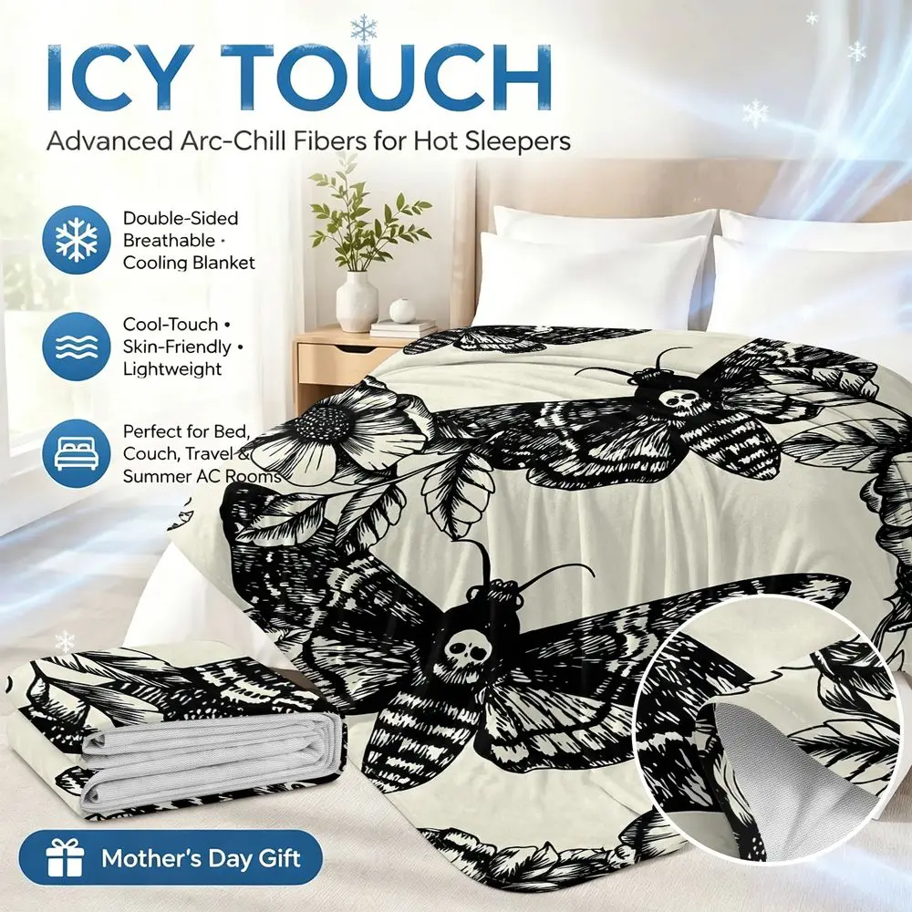 Cooling Blanket Summer Cooling Throw Gothic Moth Print Ice Touch Soft Breathable Moisture Wicking Air Condition