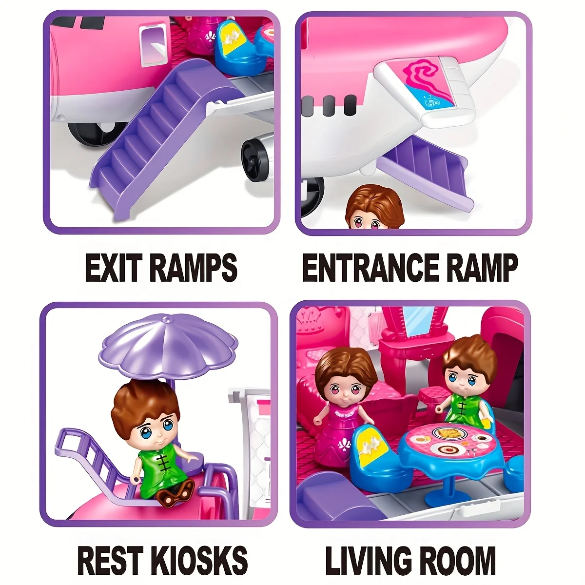 子供用ピンクプリンセス飛行機プレイセット1個、アクセサリー、家具、フィギュア付きのふり遊び飛行機おもちゃ