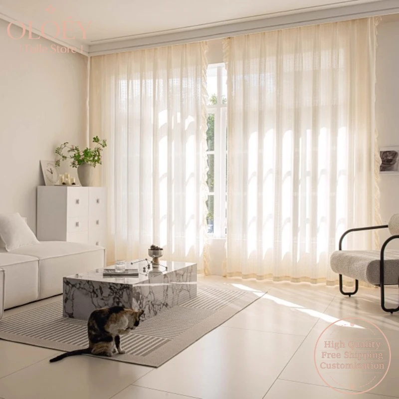 

Japanese Cotton Linen Gauze Curtain for Living Room Wabi Sabi Style Sheer Light Permeable Not See Through Cream Woven Luxurious