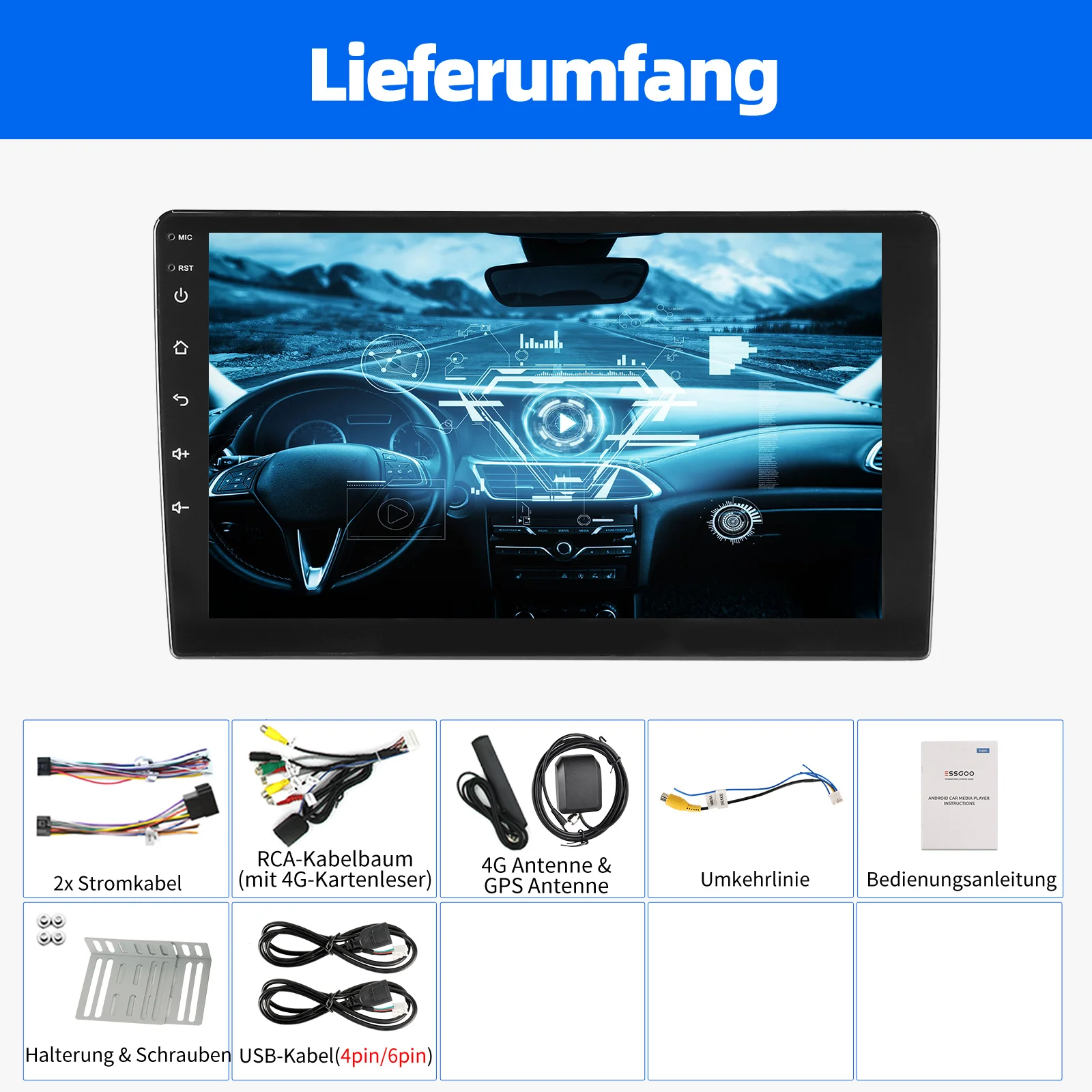 ESSGOO Android 15 Universele Autoradio 6+128G Draadloze Carplay Autoradio 2 Din Autostereo GPS BT Smart Centrale Multimedia