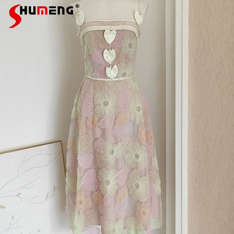 

Summer 2024 New French Style Vestidos Heavy Industry Net Yarn Cut Ice Cream Color Plate Flower Beaded Waist Slimming Sling Dress