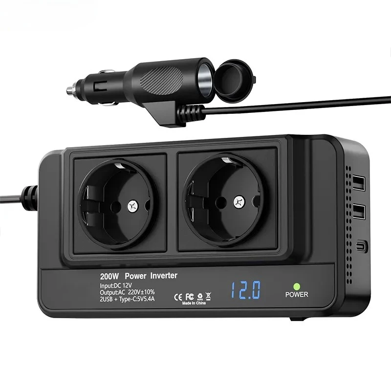 DC 12V to 110V 220V 200W Car Inverter, Auto Power Converter with Multi-country Outlet: EU, AU, UK, US, Brazil