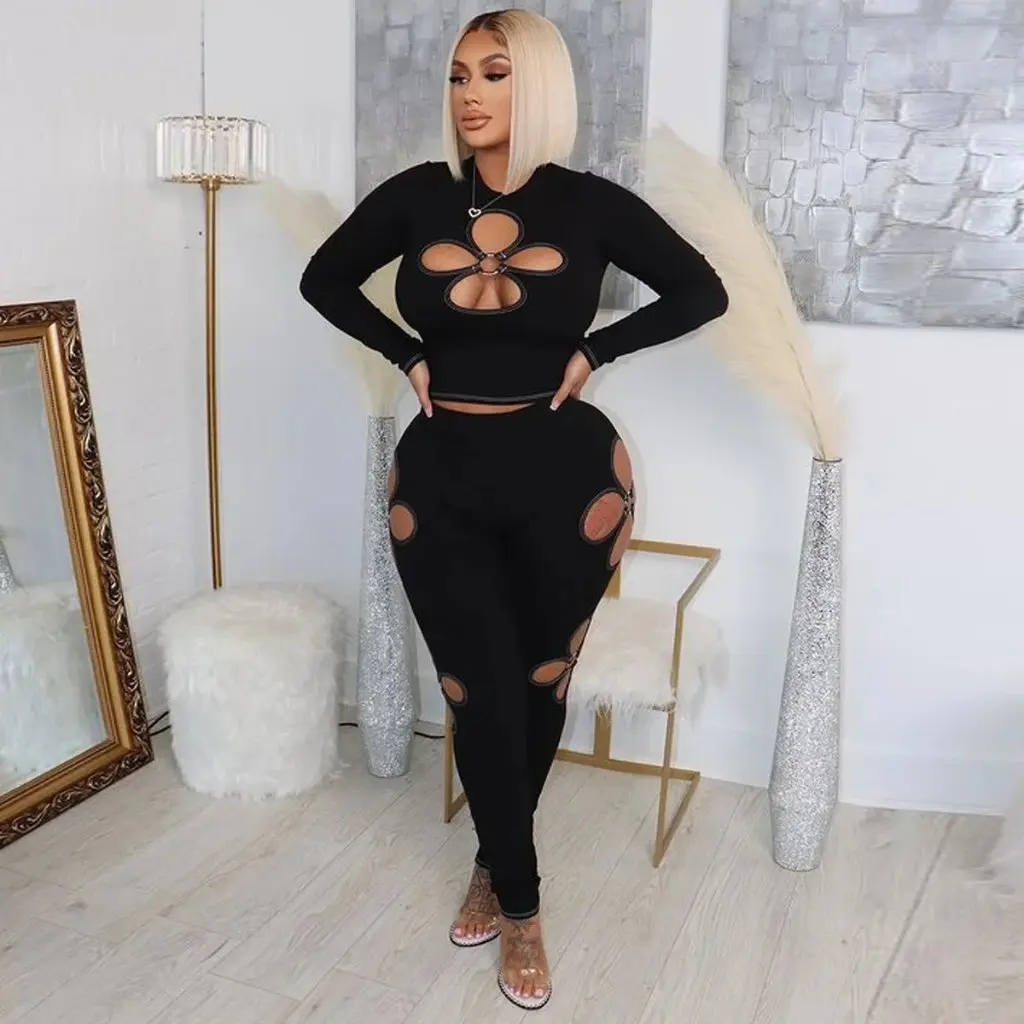 

Y1865 Women's Elastic Hollow out Two-Piece Suit Sexy European And American Style Independent Station New Arrival