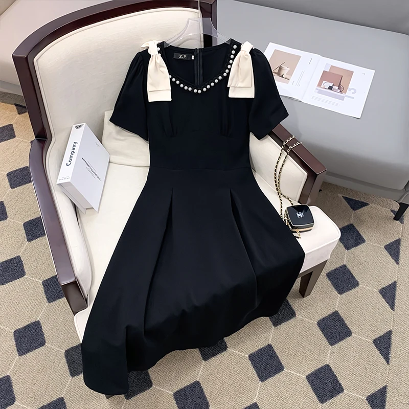 

Women Elegant Black Party Dress Summer Short Sleeve Pearl Beaded V Neck A Line Midi Long Dresses 2022 Chic Clothing