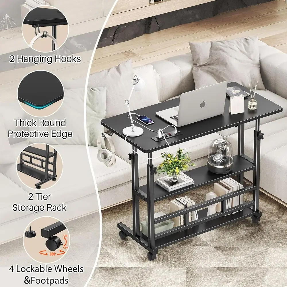 مكتب قائم مريح قابل للتعديل مع منافذ طاقة، مكتب كمبيوتر محمول مدمج مع مساحة تخزين، محطة عمل محمولة 31.5 (أسود)