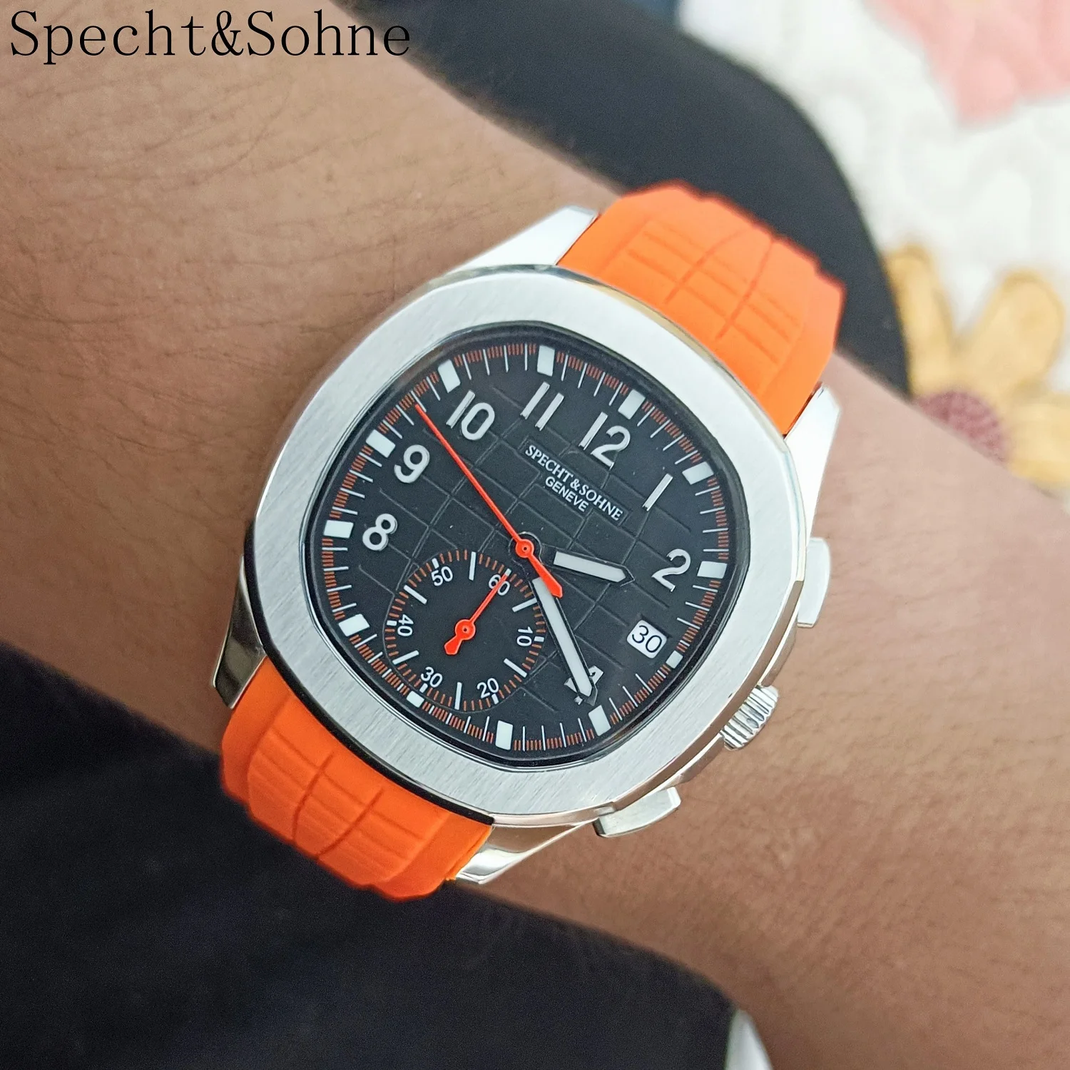 Best Selling Stainless Steel 42MM Quartz Watch Automatic Date Orange Rubber Strap Clock Chronograph Luminous Arabic Male Watch