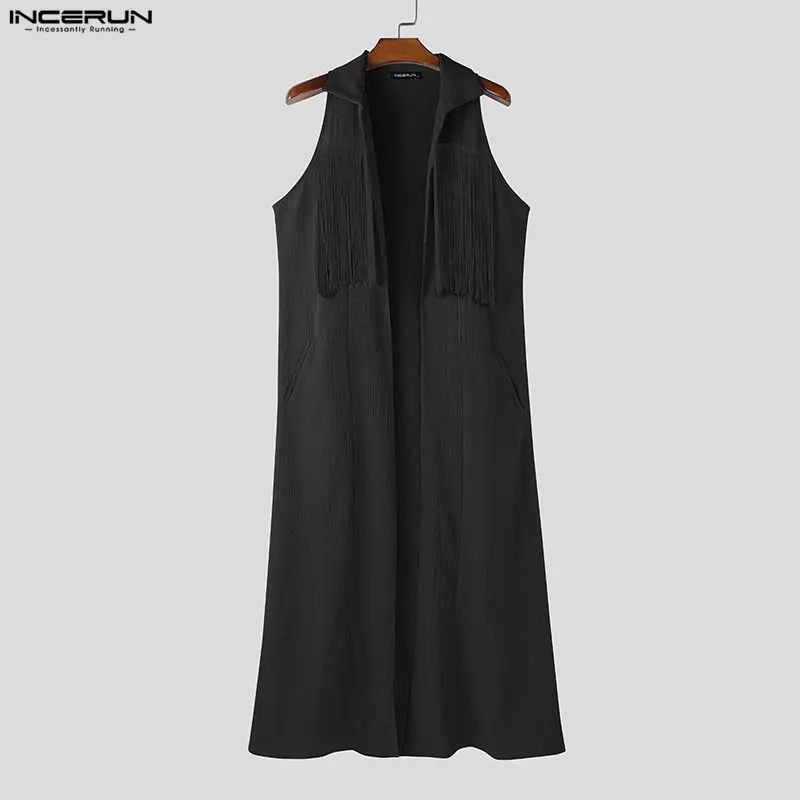 

Мужская длинная рубашка INCERUN с бахромой, лоскутным воротником, без рукавов, с открытыми швами, кардиган, уличная мода, мужская одежда