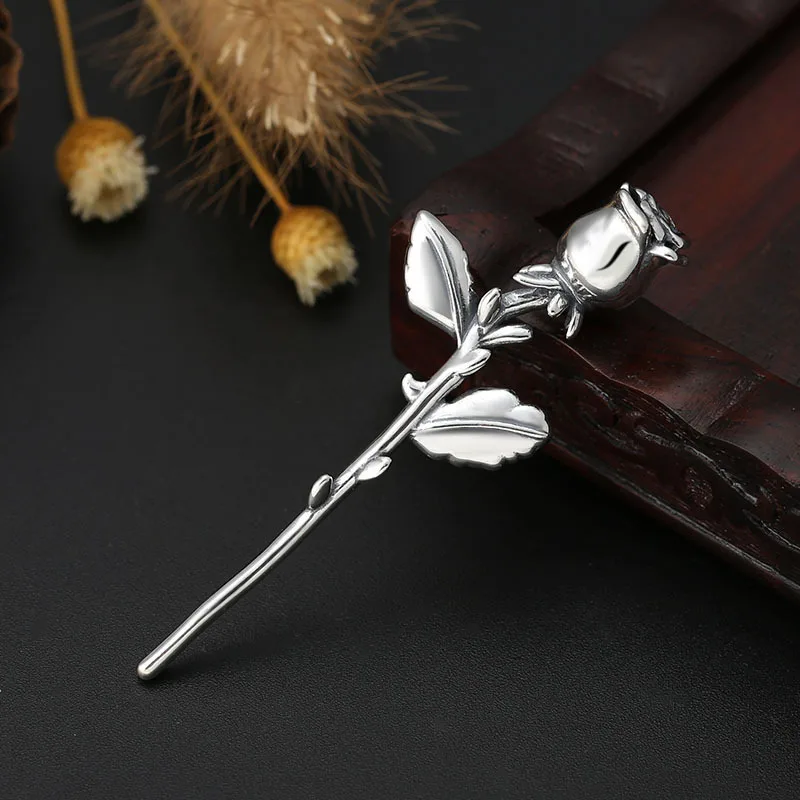 S925 Sterling Silver Rose Pendant Black Color Old Process Flower Unisex Fine Jewelry FYNE414