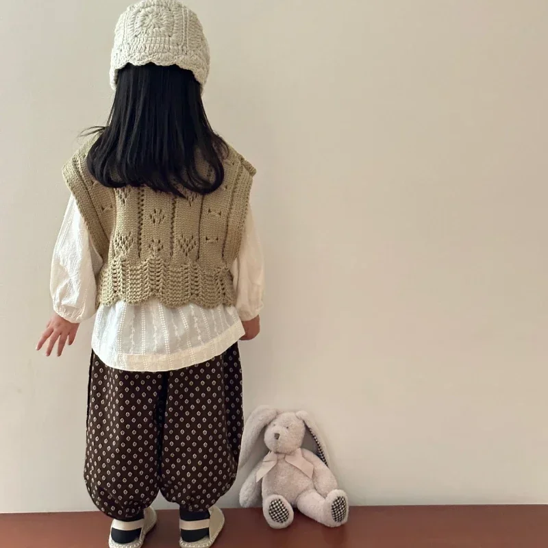 2023 Korean Baby Girls Crochet Vest Knitted Vest Floral Hollow Out Green Vest Tops Baby Clothes