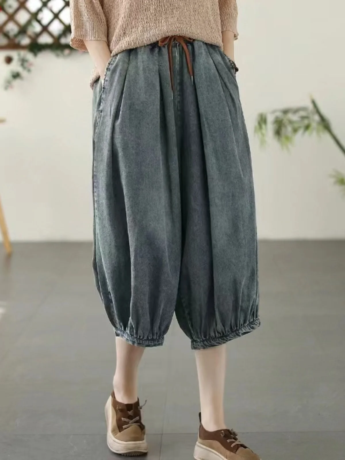 

Women's Retro Cotton Soft Denim Pants Slimming Lantern Pants Casual Loose Versatile Seven-Quarter Length High Waist Wide Leg