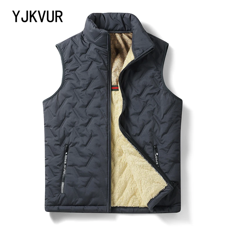 YJKVUR Autumn Winter New Windproof Vest Men Jacket Sleeveless Casual Coats Down Cotton Warm Fleece Thicken Waistcoat Thick Gilet