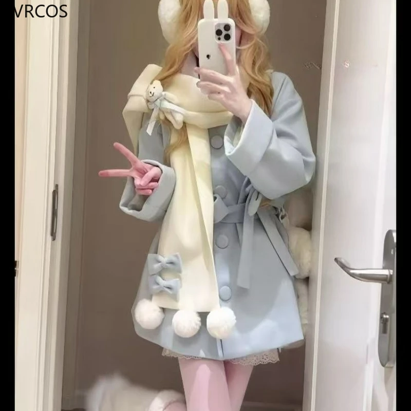 Autumn Winter Japanese Preppy Style Woolen Coat Women Kawaii Bow Cartoon Bear Scarf Loose Long Jackets Sweet Y2k Lolita Outwear